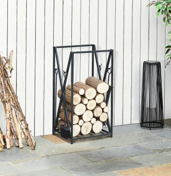 Supporto per Lenhas 46x30x76cm con 4 strumenti inclusi struttura in acciaio carico massimo 100kg per esterno e interno nero
