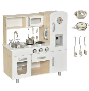 Cozinha de Madeira para Crianças Cozinha de Brinquedo com Lavatório Fogão de Indução e Micro-Ondas e Acessórios Incluídos Cozinha para Crianças acima de 3 Anos 74x30x81 cm Branco
