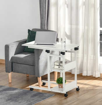 Tavolo laterale per divano Tavolino a forma di C con 4 ruote Freni a rotazione Altezza Regolabile 3 livelli Struttura in metallo 80x40x72-82cm Bianco