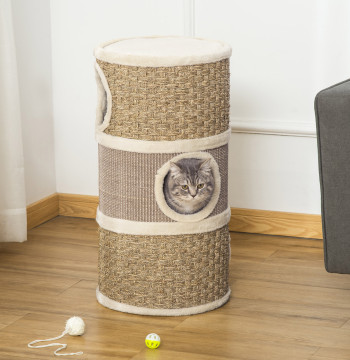 Torre Arranhadora para gatos de 3 niveles, Altura 70 cm, Cama para Gatos con Sisal, Móvil Arranhador, Ø37,5x70 cm, Caqui y Castanho