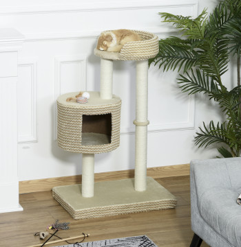 Árvore para gatos com Caverna de Pelúcia Postes de juta Plataforma confortável 61x41x96 cm Bege e Café
