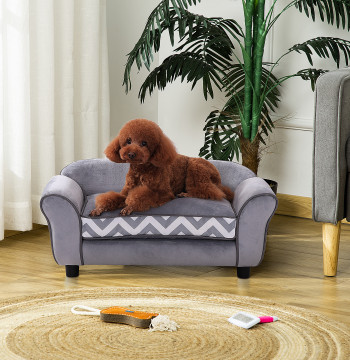 Sofá para animais de estimação com pernas Cama de cachorro de madeira com almofada acolchoada aconchegante e capa lavável 73,5x41x33 cm cinza