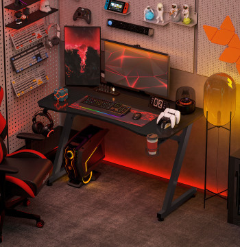 Secretária Gaming 120x65x74,5cm Secretária Gaming para Computador com Suporte para Copos Gancho para Fones de Ouvido e Pés Ajustáveis com Efeito de Fibra de Carbono Preto