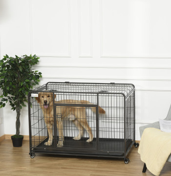 Gaiola dobrável de metal com rodas e freios Bandeja removível e porta com travas125x76x81 cm Cinza escuro