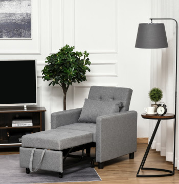 Sofá-cama Individual Poltrona com encosto reclinável Almofada removível Assento acolchoado e 4 rodas 69x77x84 cm Cinza