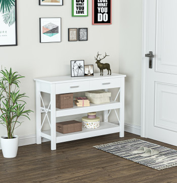 Tavolo consolle in stile moderno con 2 cassetti e ripiani inferiori 105x40x76 cm Bianco