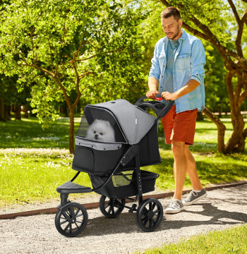 Carrinho de animais de estimação dobrável com rodas Correias de segurança e cesto de armazenamento 109,5x54,5x106,5 cm Cinza e preto