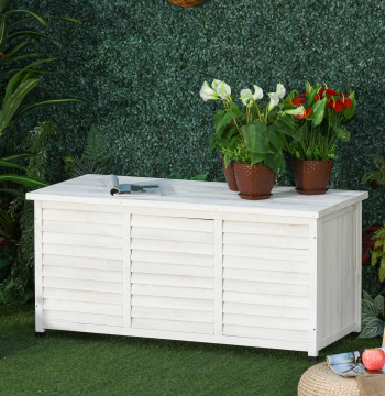 Coffret extérieur en bois Boîte de rangement de jardin avec couvercle qui peut être ouvert 127x56x60 cm blanc