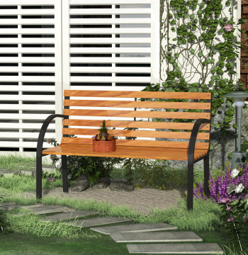 Banco de jardín 2 lugares con respaldo y encosto Ripas de madera y estructura de acero Carga 230 kg 122x60x80 cm Color natural y negro