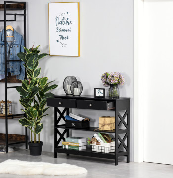 Consola de Entrada Mesa Hall com 2 Gavetas e 2 Prateleiras Inferiores Mobiliário Moderno Base Elevada Anti-Inclinação 100x30.5x80 cm Preto