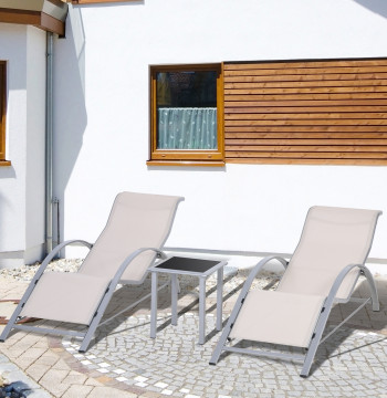 Set de 2 chaises longues de jardin 59x169x66 cm avec tableau 41x41x45 cm Armoire en verre trempé pour patio piscine Beige Balcon