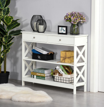 Mesa de console para Corredor com 2 gavetas e 2 prateleiras inferiores Móveis modernos Base elevada anti-inclinação 100x30.5x80 cm Branco