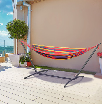 Cama Red con soporte de acero portátil con altura ajustable en 6 Niveles con Bolsa de Transporte para Jardín Sala de Estar Carga Máxima 150kg 200x150cm Multicor