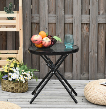 Tavolo pieghevole in vetro rotondo Tavolo da giardino con bordo fibbia di sicurezza rivestito in metallo interno ed esterno Ø45x50 cm Nero