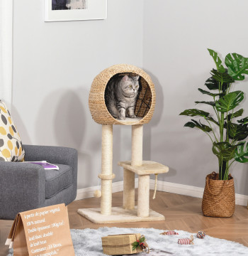 Árvore arranhador para gatos Torre de escalada com plataformas caverna corda de brincar poste de sisal 48x40x100 cm Bege