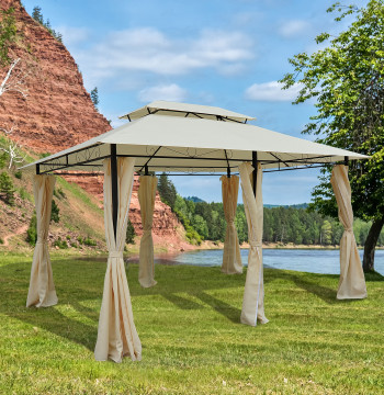 Pérgola de Jardín con Estructura de Acero Teto Doble 6 Cortinas Laterais 8 Orificios de Drenaje 300x400x280 cm Creme