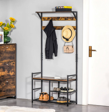 Cabine d'entrée mobile avec 3 poignées 9 crochets Cabinet d'entrée avec cabines de style industriel 84x34.5x180cm brun et noir