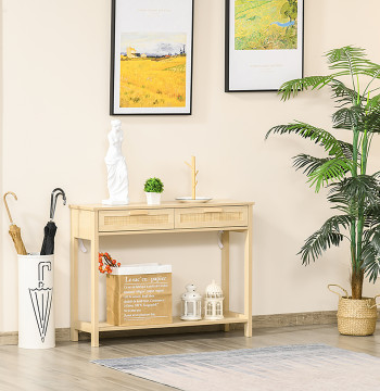Tavolo consolle in rete Tavolo con 2 cassetti e ripiano inferiore per il corridoio Quarto soggiorno Stile rustico 100x30x76 cm Naturale