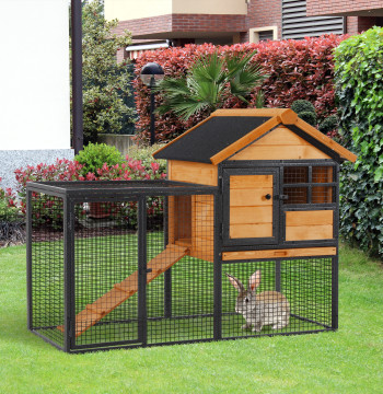 Coelheira Gaiola externa para pequenos animais de estimação 2 níveis com bandeja removível de madeira e rampa de metal 122x63x92 cm para coelhos cobaios de madeira e cinza