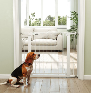Barreira de Segurança para Cães Animais de Estimação 75-96cm para Escadas Portas e Corredores com Fechamento Automático Altura 76cm Branco