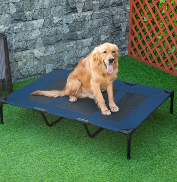Cama para animales de estimación Cama Elevada para perros Gatos con Tejido Transpirable para Dormir Relaxar Exterior Jardín Terraço 122x91x23cm Azul