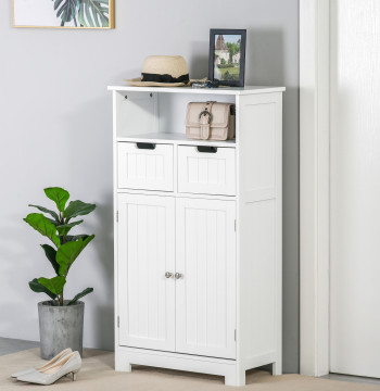 Cabinet de salle de bains Kleanklin avec 2 portes de garde réglables 2 tiroirs et compartiment ouvert Aide de rangement mobile pour cuisine salon 60x30x108,8cm Blanc