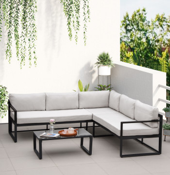 Conjunto de muebles de jardín 3 Piezas de aluminio con mesa de vidrio Sofá de 2 Lugares y Sofá de 3 Lugares con Encosto Ajustable y Almofadas Removibles 212x70x64cm Negro y gris