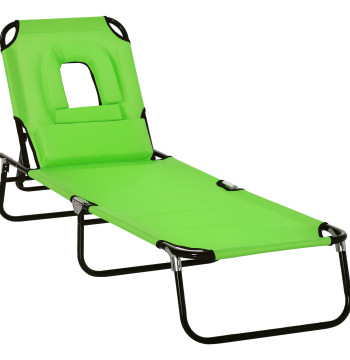 Slotter pliable avec dossier régulable en 4 positions, salon de jardin avec orifice de lecture, coussin, structure en métal et tissu d'Oxford pour plage et terrasse, Max Weight. 120 kg, 190x56x28 cm, vert