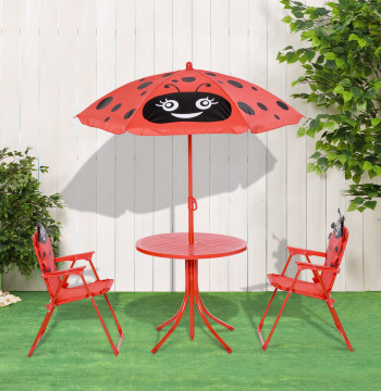 Set da tavolo e sedia da giardino Set Picnic pieghevole per bambini Set da tavolo con cappello da sole con altezza regolabile 100-125cm Disegno di Ladybug rosso