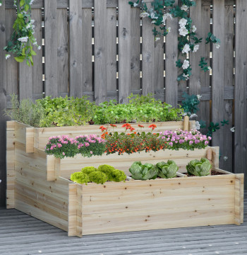 3 Livelli di orto della scala verticale del contenitore di piantagione di legno con la maglia del geotessile per i fiori delle piante per il giardino terrazza esterna 117x100x54cm Naturale