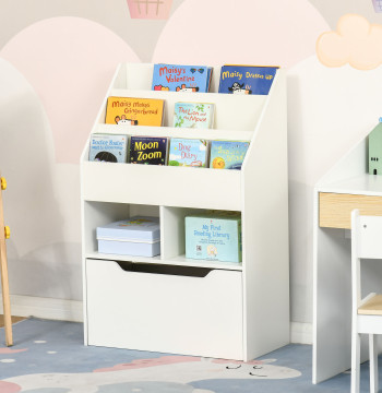 Estante de Madeira para Brinquedos com 3 Compartimentos 2 Cubos e Gaveta Móvel com 4 Rodas Estante para Livros Infantil para Dormitório Infantil Sala de Jogos 60x29,9x90cm Branco