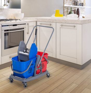 Nettoyage professionnel de voiture de nettoyage en métal voiture avec 2 seauts de 25 litres amovibles manuel Slider et 4 roues 73x45x92cm Rouge et bleu