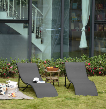 Set 2 chaises longues ergonomiques en forme de S pliable avec structure en aluminium Textilène pour jardin de piscine Cour et balcon 165x61x63cm Gris