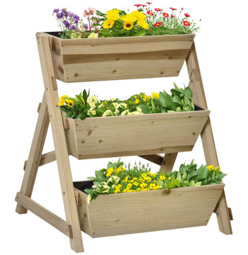 Horta de Escada de 3 Níveis Horta de Madeira com Tecido não tecido e Orifícios de Drenagem Horta para Plantas Flores Ervas 71x61x77cm Madeira Natural