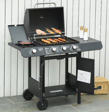 Barbecue Gas de 3+1 Queimadores 11,6KW 2 Mesas murales Gabinete de 2 Puertas Termómetro y 2 Ruedas acero inoxidable 110x50x100cm Negro