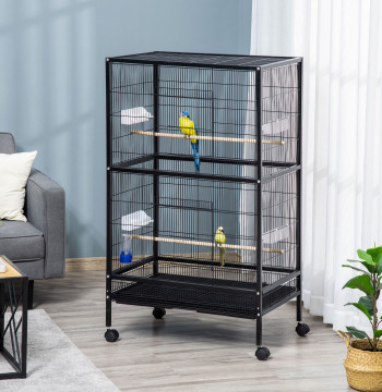 Gaiola para pájaros con 4 Ruedas Gaiola para pájaros Metálica con Múltiples Puertas 4 Comedouros Bebedouro 2 Poleiros y Bandeja para Louros Canarios Periquitos 79x52x137cm Negro