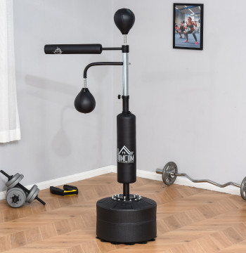 Balle de boxe avec hauteur réglable avec 2 boules de vitesse Rotary Bar 360° et base remplie d'eau ou de sable Balle de boxe pour adultes 88x50x160-230cm Noir