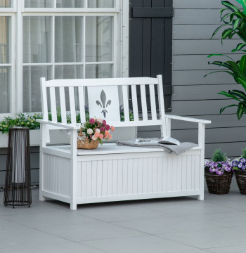 Outer Wood Bank di 2 posti con spazio di stoccaggio e tessuto Oxford Bank Garden cofano Terrazza con braccio supporto carico 250kg 125x68,5x97 Bianco