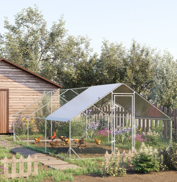 Grande poule extérieure 3x6x2m Cage pour 12-18 poulets en acier galvanisé avec plafond PE et écluse de lapin argenté