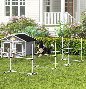 Ensemble d'entraînement d'agilité pour chiens de compagnie 4 pièces d'obstacle talon avec hauteur réglable et sac de transport étranger 99x65x94 cm Blanc