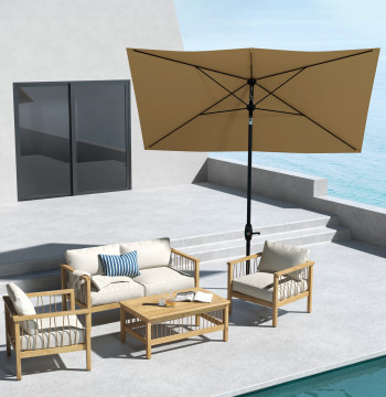 Chapeau de soleil de jardin 290x205x248 cm UV50+ Protection Chapeau de soleil en aluminium inclinable avec plafond de ventilation et poignée pour terrasse Balcon extérieur café
