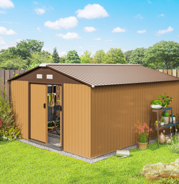 Riparatore da giardino metallico 340x386x200cm esterno per stoccaggio utensili con base di rinforzo chiusa 4 ventilazione finestra e porta del corridoio marrone