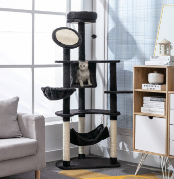Árbol Arranhador para gatos gran altura 153cm Torre de Escalada para Gatos con Caverna Redes Plataformas Postes Arranhadores de Sisal y Bola Suspensa gris oscuro