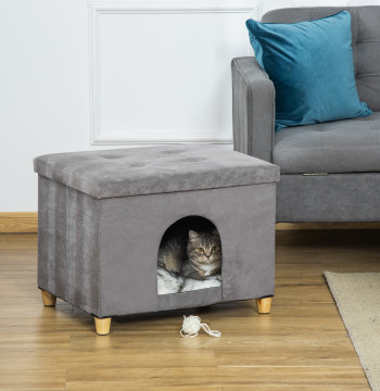 Caverna para Gatos 2 em 1 Banco para Apoio dos Pés com Tampa Removível Orifício de Entrada Almofada Lavável e Pés Elevados de Madeira para Interior 60x45x44,5cm Cinza