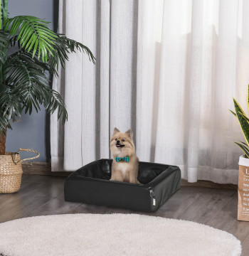 Cama para Cães Gatos Estofada em Couro PU Cama para Animais de Estimação Pequenos Amovível e Lavável com Zíper 58x49x14,5cm Preto