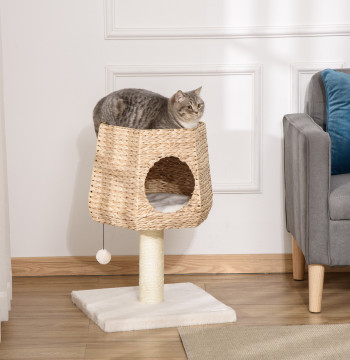 Petit arbre à égratignures de chat Hauteur 66cm Tour d'escalade pour les chats avec grotte de Junco Lit supérieur Oreillers Post Scratcher de Sisal et Suspendu Ball crème et naturel