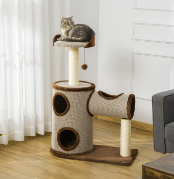 Árbol Arranhador para gatos Medios Altura 104cm Torre de Escalada para Gatos con Barril Arranhador Plataforma Superior Tunel Poste de Sisal y Bola Suspensa 75x39x104cm Marrom