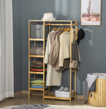 Soutien pour les cabines de la cabine de bambou avec des gaines de 4 niveaux avec plateau inférieur de barre et cabine latérale pour les sacs de vêtements 90x30x155cm Madère