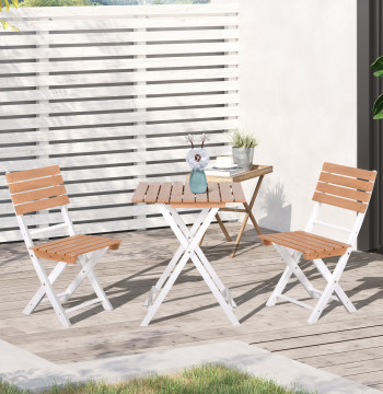 3 pièces de table pliables de terrasse 60x60x73cm et 2 chaises 41,8x49,7x83cm Structure en bois et en métal pour jardin Balcon extérieur naturel et blanc