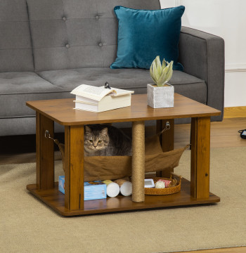 Mesa Auxiliar Mesa de Café com Rede 2 Postes de Arranhar de Juta e Prateleira Inferior de Armazenamento 79x59x45,5cm Marrom